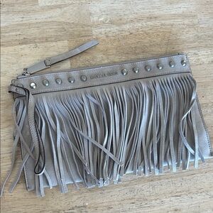 Michael Kors grey Fringe Leather Wristlet Clutch with Studs